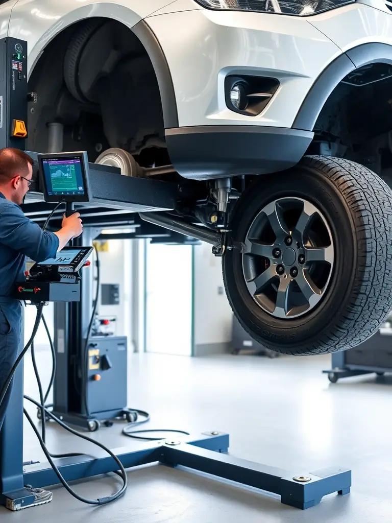 A vehicle undergoing wheel alignment at Roll Em Out Tires & Auto Works, with digital alignment equipment visible.