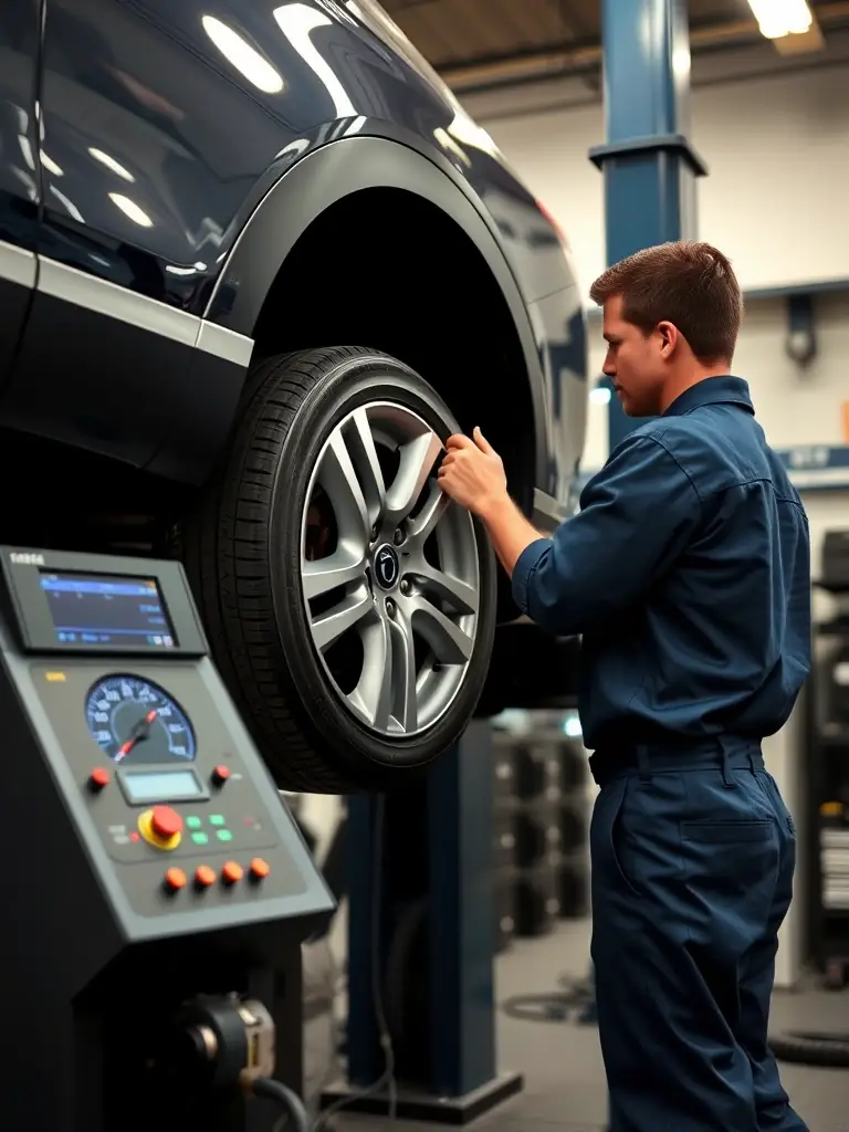 A car undergoing wheel alignment in the Roll Em Out Tires & Auto Works shop, with a mechanic using precision equipment.
