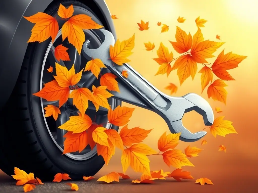 A digital illustration depicting falling autumn leaves with a wrench and tire subtly incorporated into the design, symbolizing the upcoming fall auto care specials at Roll Em Out Tires & Auto Works.