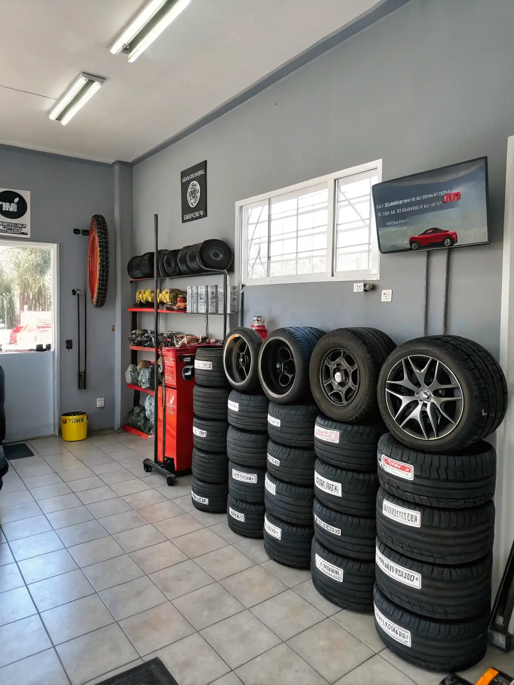 A stack of used tires in good condition, neatly arranged in the Roll Em Out Tires & Auto Works shop, highlighting the affordable tire options.
