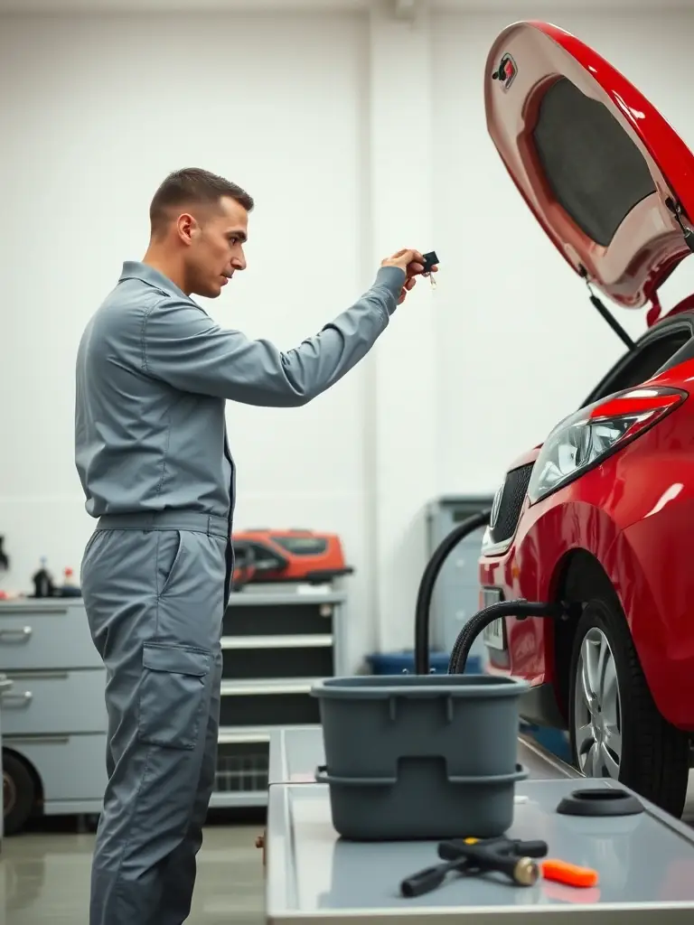 A mechanic performing an oil change on a car at Roll Em Out Tires & Auto Works, emphasizing the cleanliness and efficiency of the service.