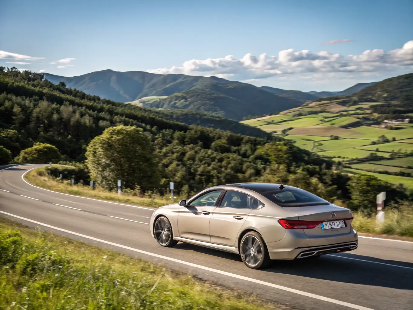 A digital graphic featuring a sunny spring landscape with a car driving on a clear road, highlighting the importance of spring maintenance at Roll Em Out Tires & Auto Works.