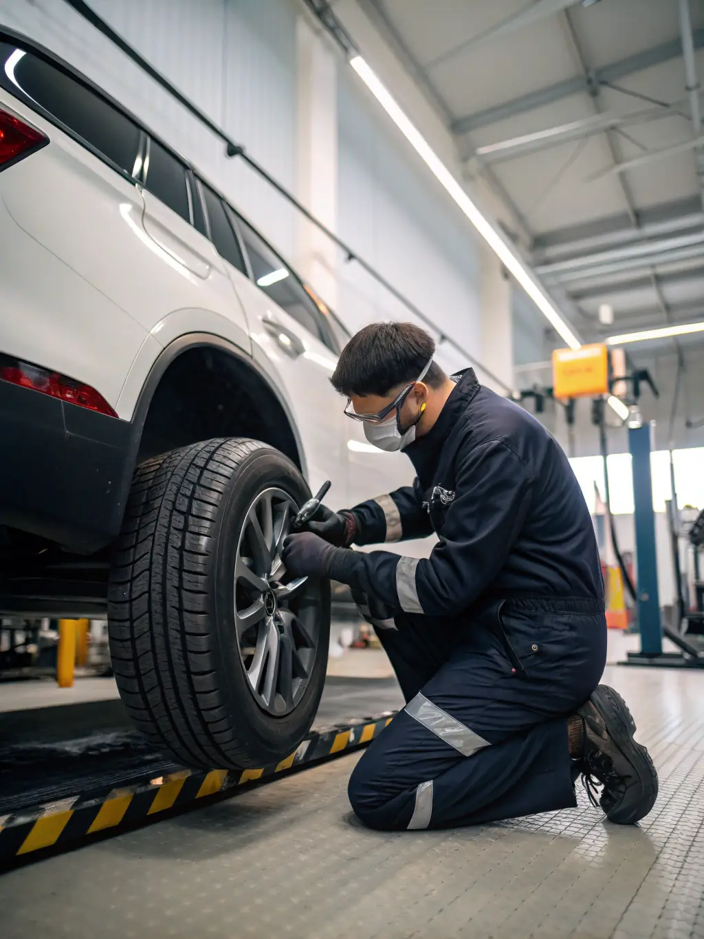 A close-up shot of a mechanic expertly mounting a tire on a wheel at Roll Em Out Tires & Auto Works, showcasing precision and care.