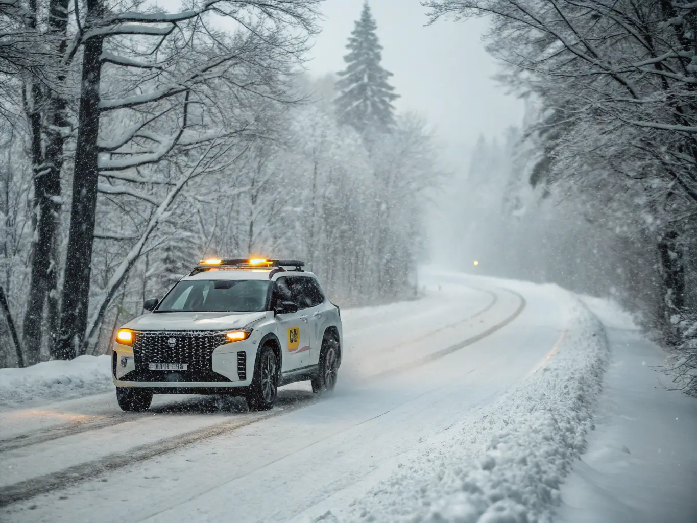 A digital image showcasing a snowy road with a car equipped with winter tires, emphasizing safety and preparedness for winter driving conditions at Roll Em Out Tires & Auto Works.