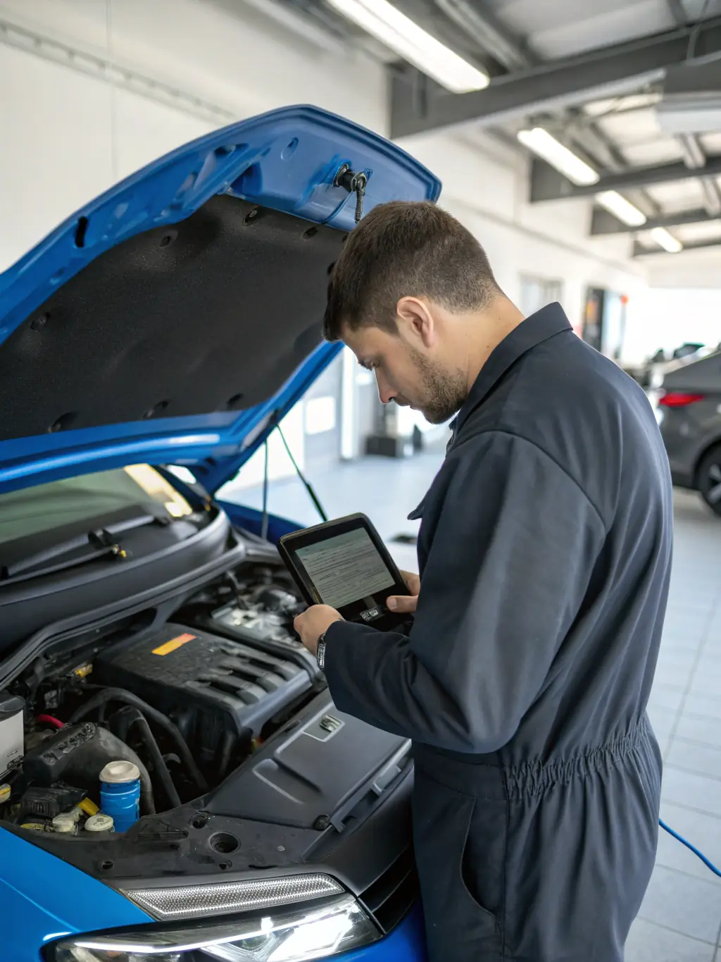 A mechanic inspecting a car engine with diagnostic tools in a well-lit auto repair shop, showcasing the free diagnostic service.