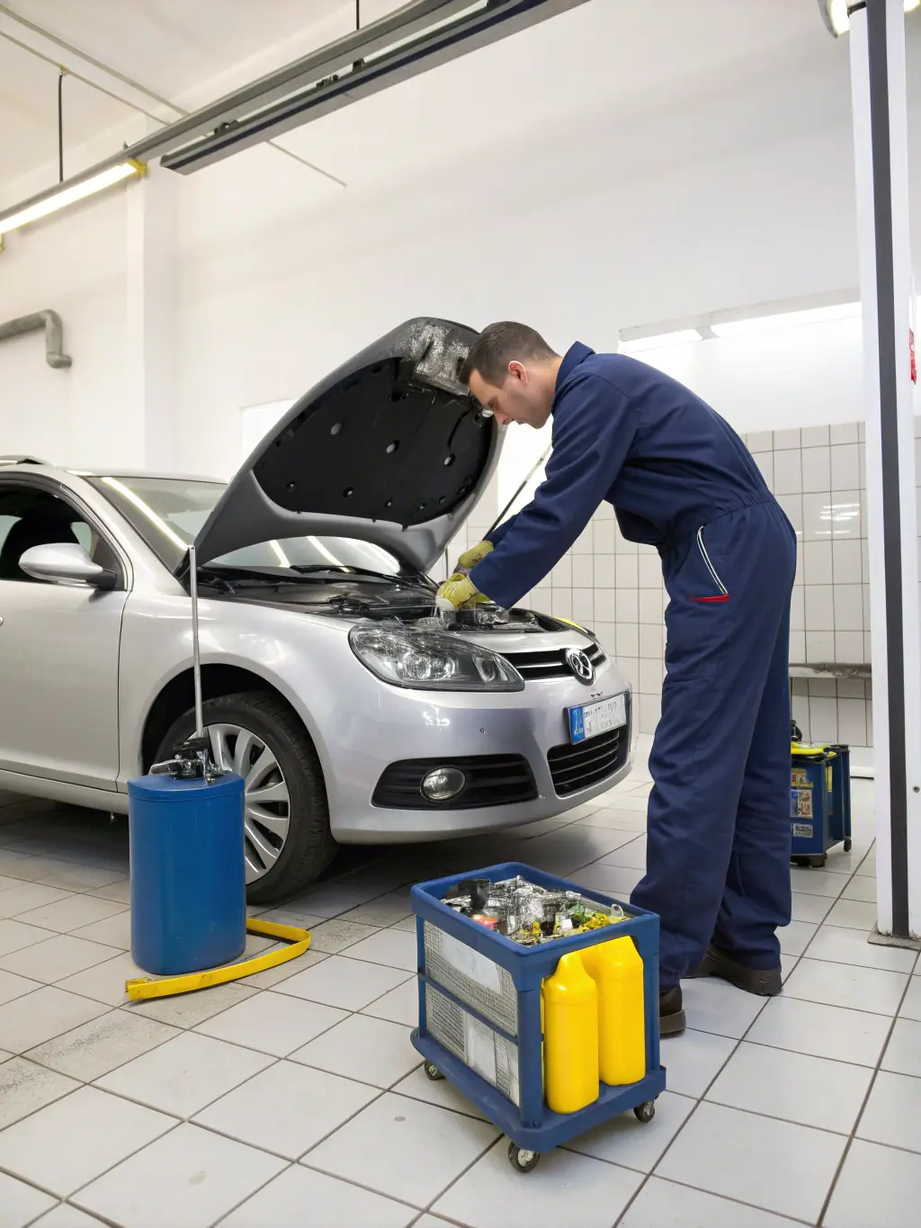 A mechanic performing an oil change on a car at Roll Em Out Tires & Auto Works, emphasizing the importance of regular maintenance.