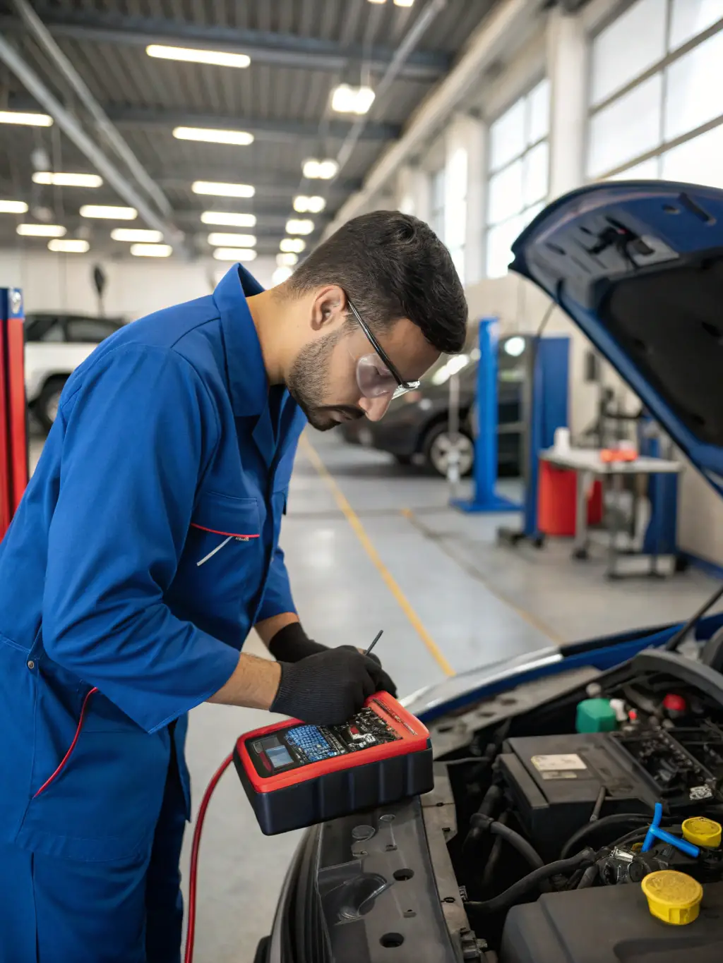 A technician diagnosing an engine issue with diagnostic tools at Roll Em Out Tires & Auto Works, highlighting the shop's diagnostic capabilities.